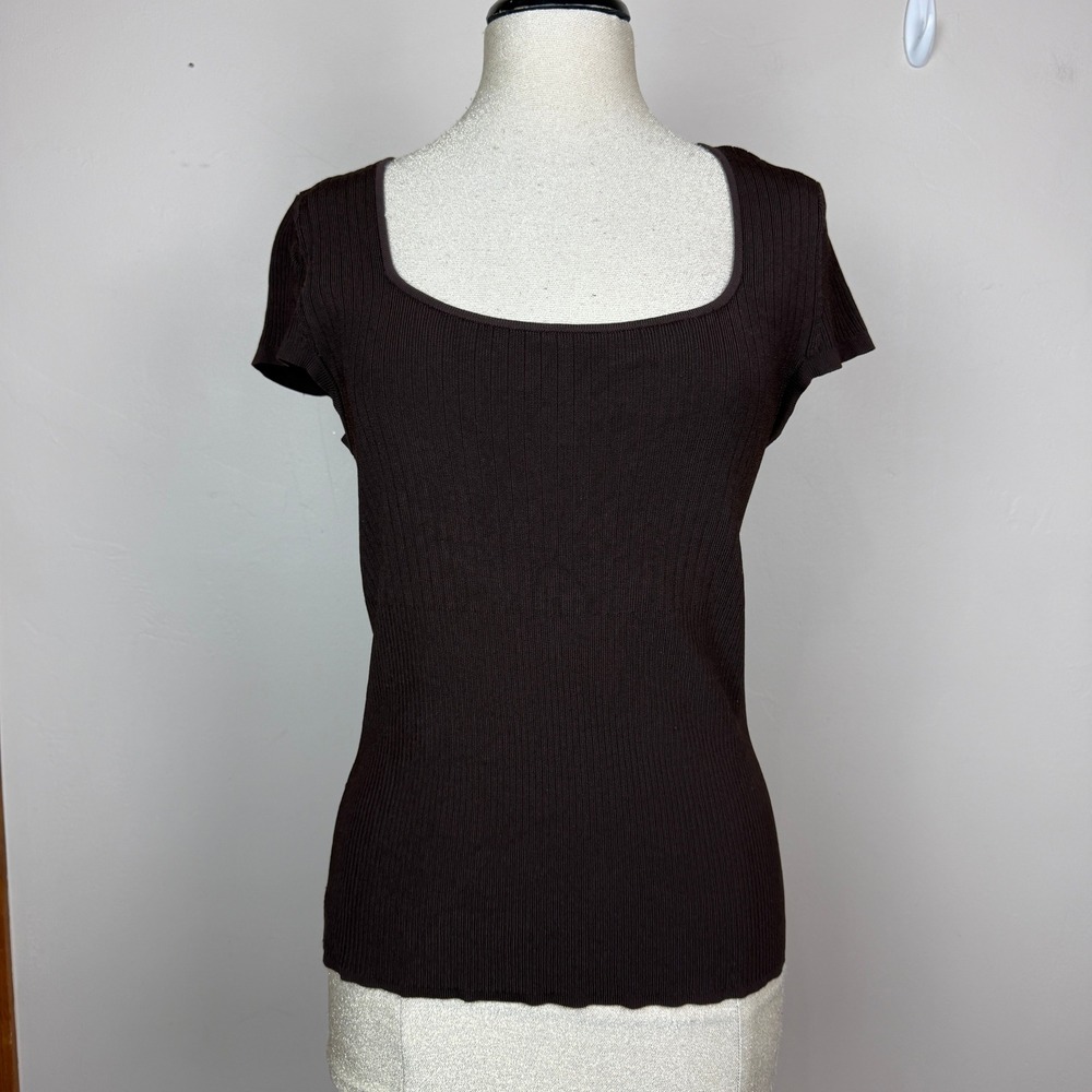 Preston & York Knit Top Women L Brown Ribbed Square Neck 90s Minimalist Office
